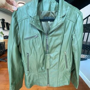Authentic olive green lambskin leather jacket made in Italy.